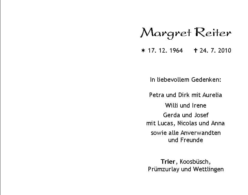 Frau Margret Reiter