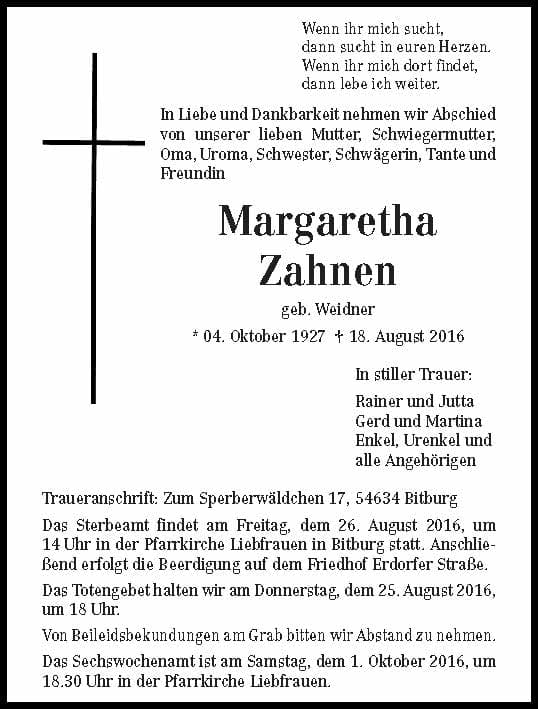 Frau Margaretha Zahnen