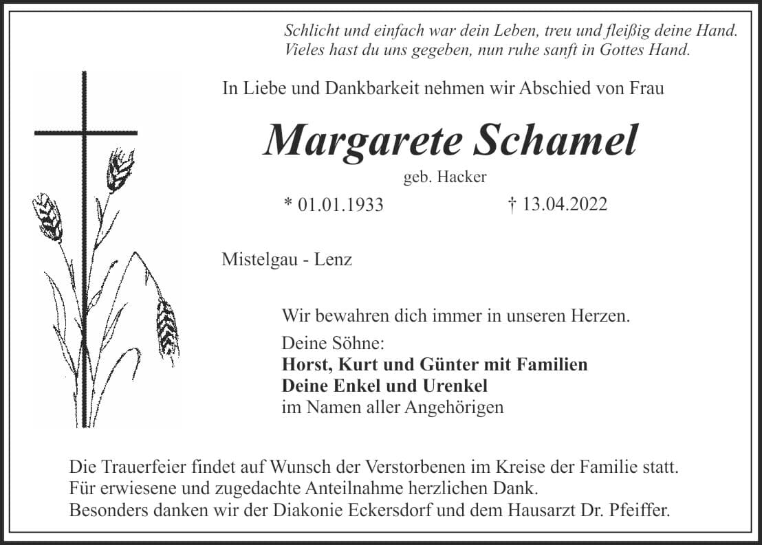Frau Margarete Schamel