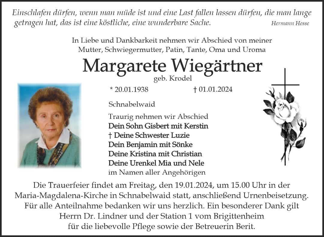 Frau Margarete Wiegärtner