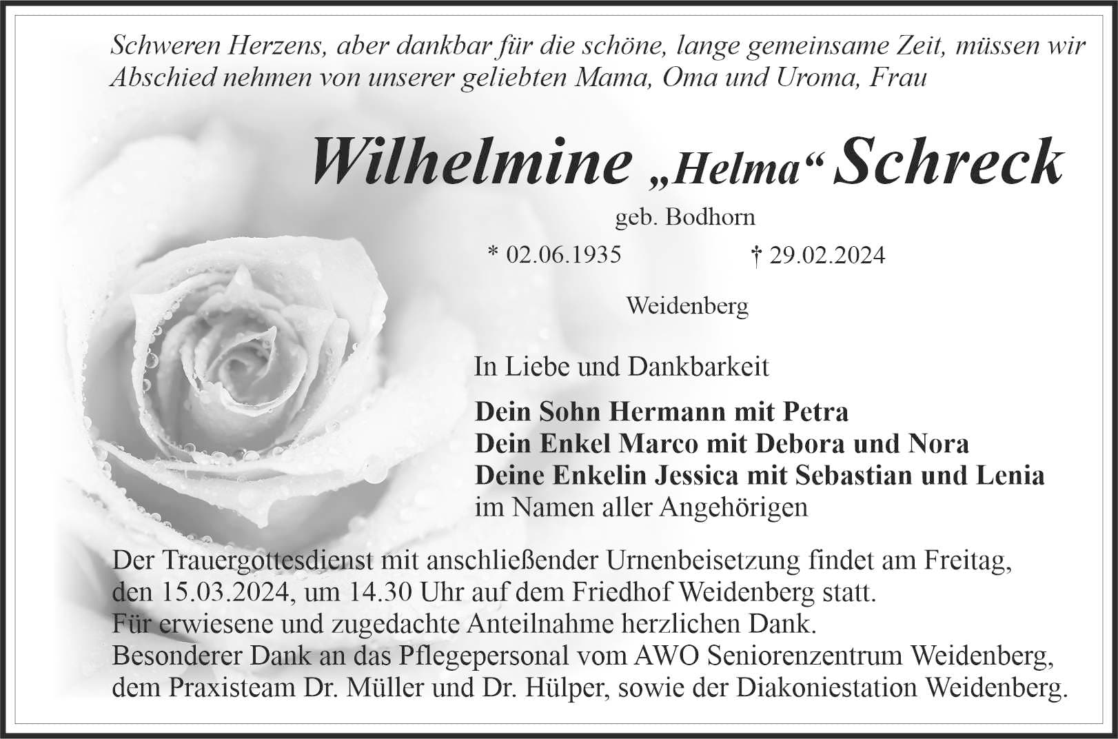 Frau Wilhelmine Schreck